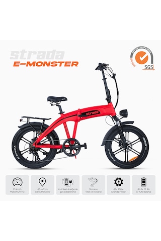 Stradacycles E-monster 20 Jant Katlanabilir Yüksek Torklu Elektrikli Bisiklet Kırmızı