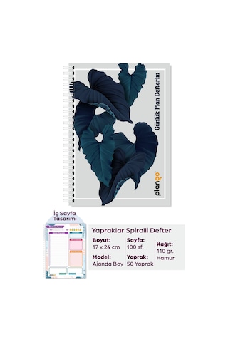 Yapraklar Spiralli Günlük Planlama Defteri - 100 Sayfa - 17x24 Planlayıcı Defter Beyaz - Bej