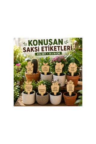 Arliadesign Konuşan Saksı Etiketi 8'li Mdf Ahşap Bitki Etiketi Dekoratif Saksı Süsü 8x16 Cm