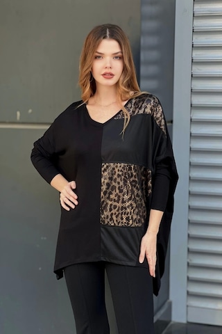 Leopar Desenli Suni Deri Detaylı Bluz Siyah