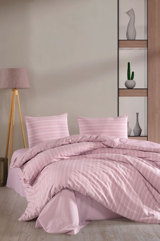 Varol Lastikli Saten Çizgili Çift Kişilik Nevresim Takım Pembe