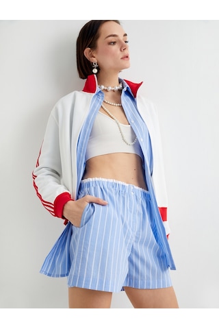 Koton Mini Şort Cepli Beli Çift Lastik Detaylı Mavi Çizgili 4sak40068ew Mavi