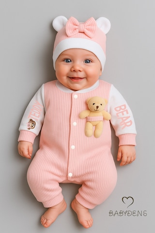 Babyden's Teddy Bear Temalı Yenidoğan Fitilli Tulum Takımı Ayıcıklı Kız Bebek Tulum Şapka Set %100 Pamuk Açık Pembe
