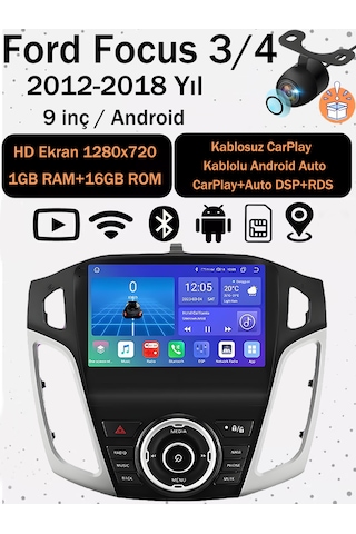 Ford Focus 3 Mk3 2012-2018 Android Multimedya Teyp 1gb Ram 16gb Rom 9 İnç Hd Ekran Kablosuz Carplay Android Auto Gps 9"