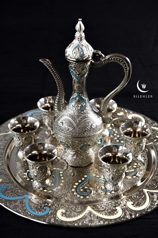 Hediyelik/ Sunumluk Osmanlı Motifli Nakışlı Gümüş Zemzem Takımı 8 Parça