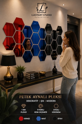 Lucitart 10 Adet Aynalı Pleksi Gümüş Petek Duvar Dekoru Kendinden Yapışkanlı Dekoratif Altıgen Ayna 10x11 - 15x17 - 20x23 Cm