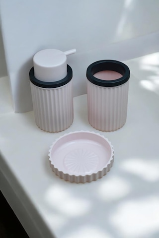 3 Parça Sert Plastik Banyo Seti/sıvı Sabunluk, Diş Fırçalık Ve Katı Sabunluk-toz Pembe 000 Açık Krem