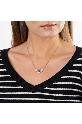 Zirkon-Turkuaz Taşlı Rose Renk 925 Ayar Gümüş Göz Kolye (459601982)