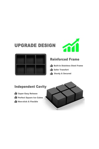 Ruicoo Büyük Boy Kare Buz Kalıbı Seti - 3'lü Silikon Buz Tepsisi, Kokteyller İçin İdeal Siyah