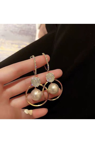 Moveevo Zircon Taşlı İmitasyon İnci Askılı Metal Geometrik Küpe, Gündüz Ve Akşam Stillerine Uygun, Zeki Ve Kadınca Görünüm Sağlar Gold