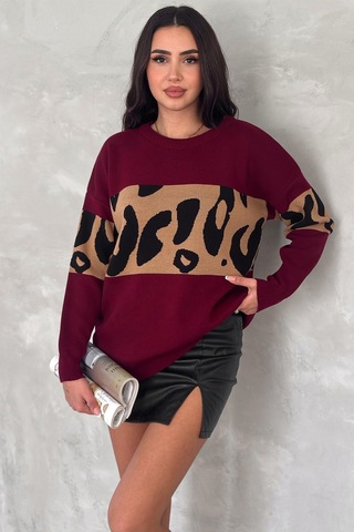 Femelle Kadın Bordo Standart Beden Leopar Desen Oversize Triko Kazak