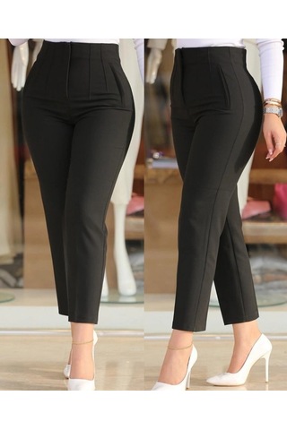 DefyModa Kadın Üste Oturan Paçası Bilek Üzerinde Biten Krep Kumaş Kumaş Pantolon 36 S - 50 5xl Siyah