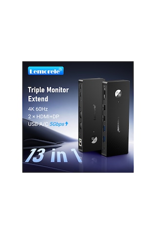 Lemorele Tc500 13 Port Type-c Dock Station Hub Çoklayıcı - 4k 60hz Çift Hdmı Ve Displayport Üçlü Ekran Destekli Gigabit Ethernet Usb 3.0 Dönüştürücü 13-in-1 Macbook Pc Laptop Adaptör