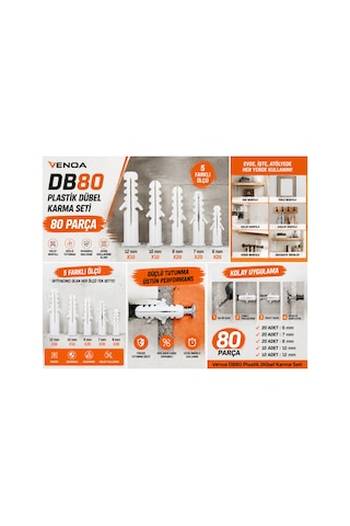 Db80 Plastik Dübel Karma Seti 80 Adet 5 Farklı Ölçü 6-7-8-10-12 Mm Ev, Tadilat Ve Montaj İçin Pratik Dübel Seti
