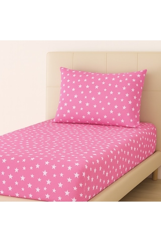 Desenli 120 X 200 Cm Ara Ölçü Pembe Yıldız Lastikli Çarşaf Ve Yastık Kılıfı Pembe