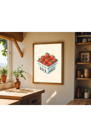Çilek Sanat Baskısı Modern Çiftlik Evi Mutfak Dekorasyonu Yaz Meyve Sepeti İllüstrasyonu