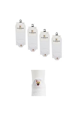 Kadın Beyaz Renkli Nakışlı Pamuklu Patik Çorap 4'lü Paket Beyaz