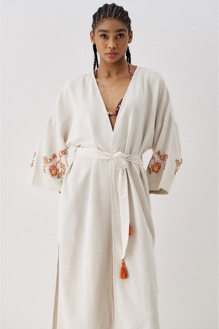 Sagaza Studio Ss6186 Keten Bağlamalı Kimono Kahverengi