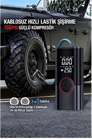 St-9650 Şarjlı 10.000 Mah Taşınabilir Araç Hava Kompresörü Akü Takviyeli Dijital Ekranlı Işıklı Çant