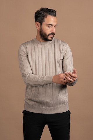 Sıfır Yaka Kendinden Çizgili Likralı Akrilik Mevsimlik Kazak Açık Kahverengi