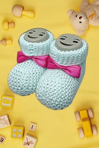 Bebek Patik, Fiyonklu Örme Dikişsiz Bebek Patiği, Triko Örgü 0-12 Ay Beyaz - Pembe
