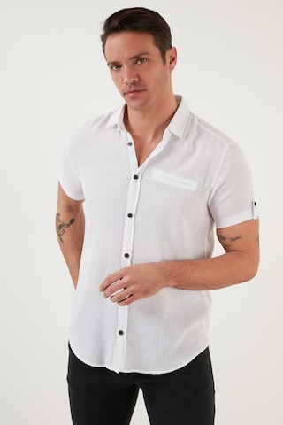 Buratti % 100 Pamuk Keten Görünümlü Slim Fit Kısa Kollu Erkek Gömlek Cf21S111766 Beyaz