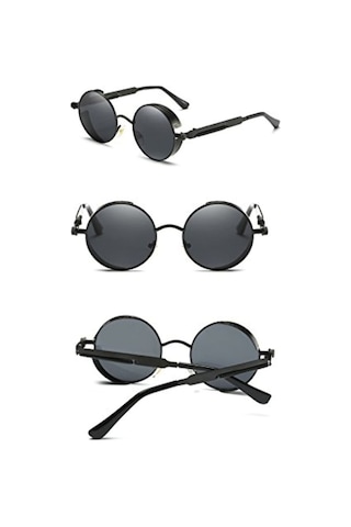 Retro Vintage Steampunk Gothic Tarz Yuvarlak Güneş Gözlüğü Siyah