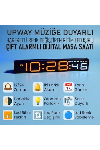 Upway Müziğe Duyarlı Ritim Işıklı Dijital Masa Saati - Sese Duyarlı Hd Led Panel Ekran Turuncu Beyaz