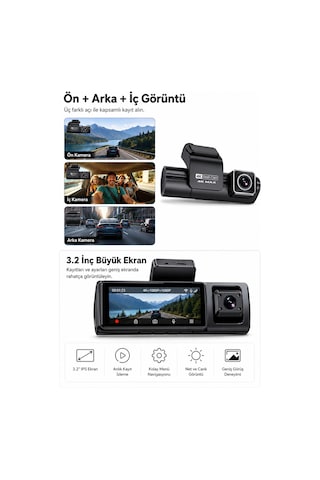 Bagajon 3 Kameralı Yapay Zekâ Destekli 4k Araç İçi Kamera Ön İç Arka Kamera Wifi Gps Adas 24 Saat Park Modu Gece Görüşlü