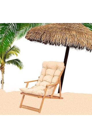 Ahşap Şezlong Sandalye Katlanır Minderli -sütlü Kahve