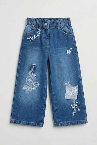 Minigimin Cicileri Kız Çocuk Çiçek Nakışlı Bol Paça Denim Pantolon - Mavi