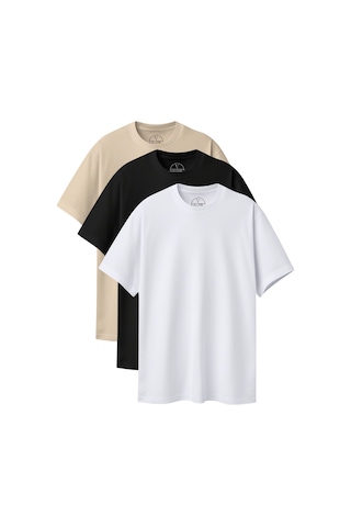Velvoria Unisex Oversize Basic 3'lü Siyah Beyaz Bej Renk T-shirt Çok Renkli1