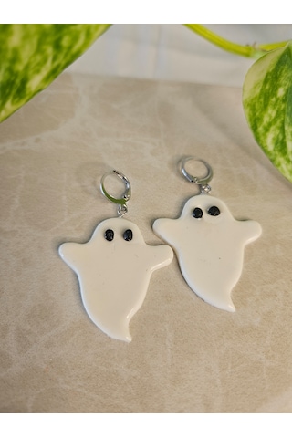 El Yapımı Polimer Kil Küpe - Paslanmaz Çelik Aparatlı Beyaz Sevimli Hayalet Figürlü Cadılar Bayramı Sallantılı Küpe Cute Ghost
