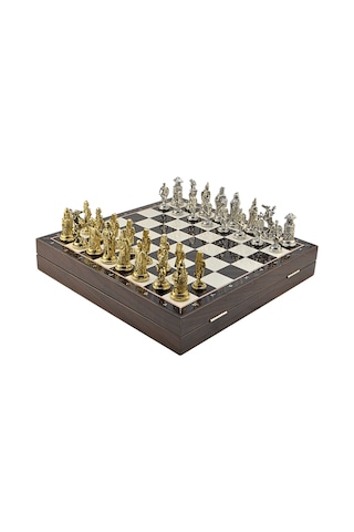 Gifthome Büyük Boy Metal Osmanlı-bizans Satranç Tk. Parlak Ve Ceviz Desenli Sandıklı Mdf Tahtası 36x36 Cm.