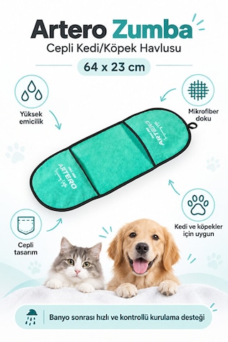 Artero Zumba Kedi Köpek Yüksek Emici Mikrofiber Cepli Kurulama Ve Kurutma Havlusu 64x23 Cm