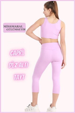 Missmaral Kadın Kapri Tayt Diz Altı Lila Yüksek Bel Toparlayıcı Dar Paça Karyoka Dikiş Detaylı Capri 1020 Lila