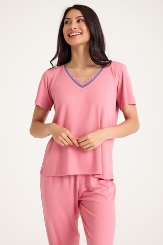 Dream Pembe Viskon V Yaka Dantel Detaylı Pijama Takımı Pembe