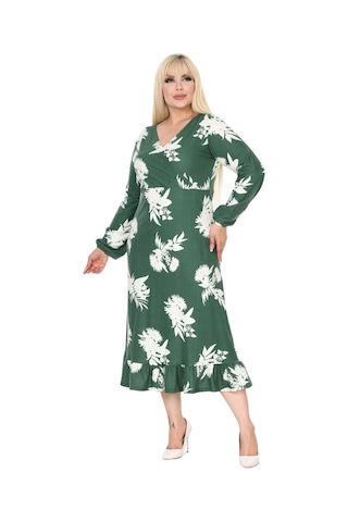 Melsay Butik Kışlık Yumoş Kumaş Kruvaze Yaka Yeşil Beyaz Yaprak Desen Eteği Fırfırlı Midi Elbise Yeşil