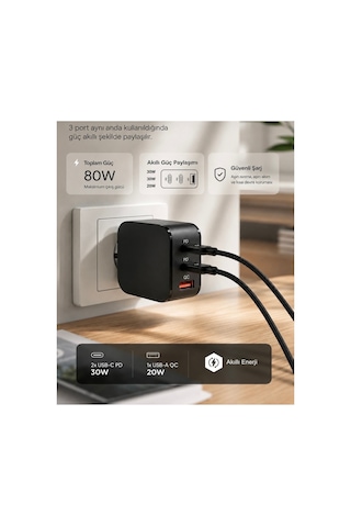 80w Hızlı Şarj Aleti 3 Portlu Type-c To Type-c Kablolu Usb-c Usb-a Pd Adaptör Apple iPhone Uyumlu Samsung
