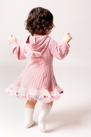 Babymod Kapüşonlu Fiyonklu 100% Pamuk Kız Bebek Elbise Pembe