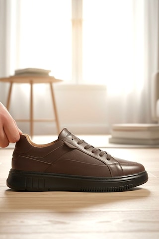 Enoch Hakiki Deri Bağcıklı Erkek Sneaker Ayakkabı Ortopedik Taban Kahverengi