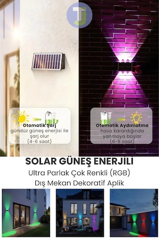 Technojet Solar Güneş Enerjili 6 Ledli Bahçe Aydınlatması Aplik Parlak Rgb Işık Led Lamba 2 Adet Siyah
