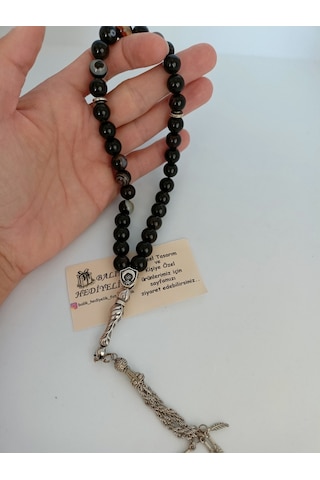 Siyah Akik Taşı Tespih Ahşap Kutulu / 10 Mm Doğaltaş Tespih-1021