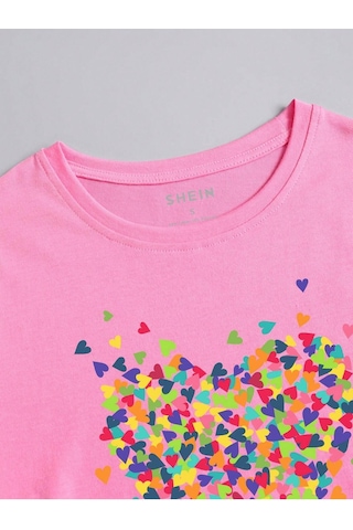 Renkli Kalpler T-shirt - Pembe Baskılı Oversize Bisiklet Yaka Kısa Kol Tişört Pembe