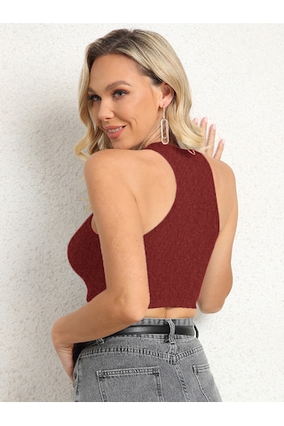 Liona Kadın Bisiklet Yaka Melanj Bordo Renk Crop Top Bluz 001