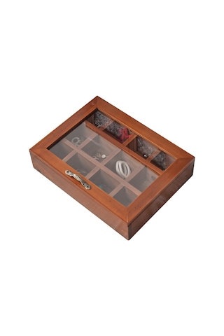Gajeena Taşınabilir 12 Bölmeli Ahşap Takı Kutusu, Şeffaf Kapaklı Mücevher Organizatörü Kahverengi