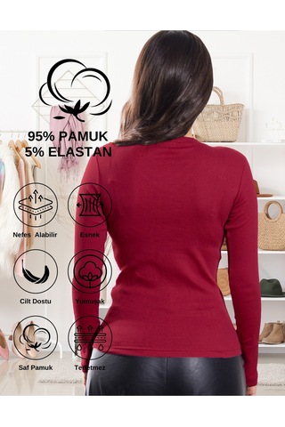 Alya Underwear Pamuklu Kaşkorse V Yaka Body Sweatshirt, Fitilli Kumaş Likralı Bluz, Asker Yeşili Badi Bordo