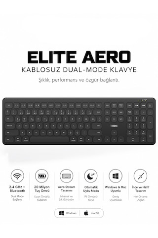 Elite Aero Kablosuz Dual Mode Klavye 2.4ghz + Bluetooth, Windows Ve Mac Uyumlu, 20 Milyon Tuş Ömürlü