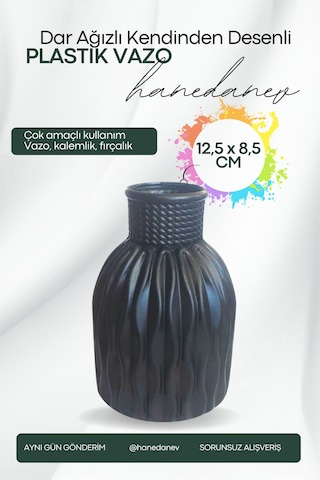 Kendinden Desenli Dar Ağızlı Plastik Vazo - Çok Amaçlı Kalemlik Fırçalık Vazo 12,5 X 8,5 Cm Siyah