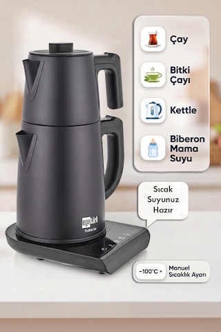 Egetürk TeaDem Vox Konuşan Dokunmatik Çay Makinesi Mama Suyu Hazırlama 1850W 1.7L Kettle 1.2L Demlik Siyah